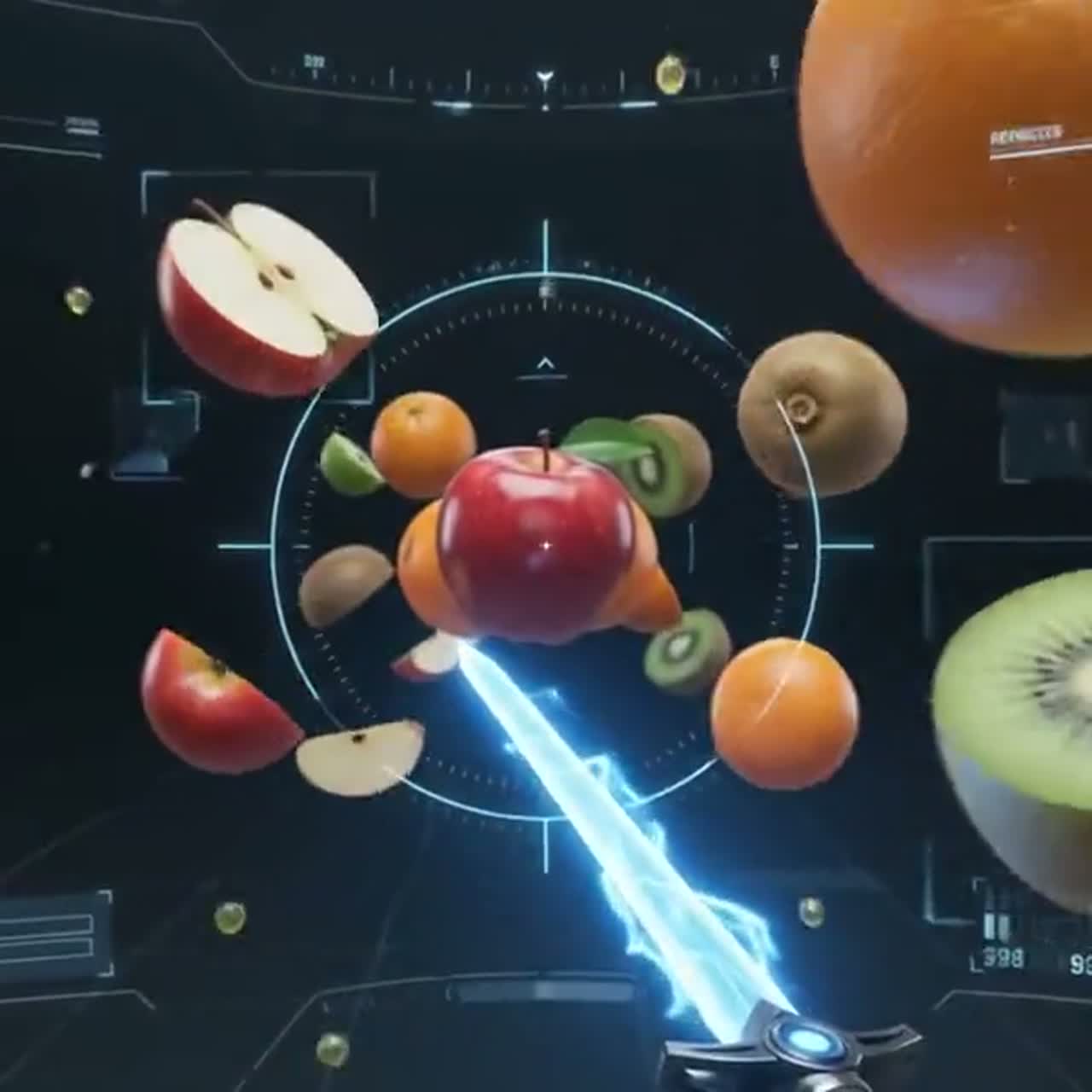 Video still from the NodNinja fruit-slicing prototype